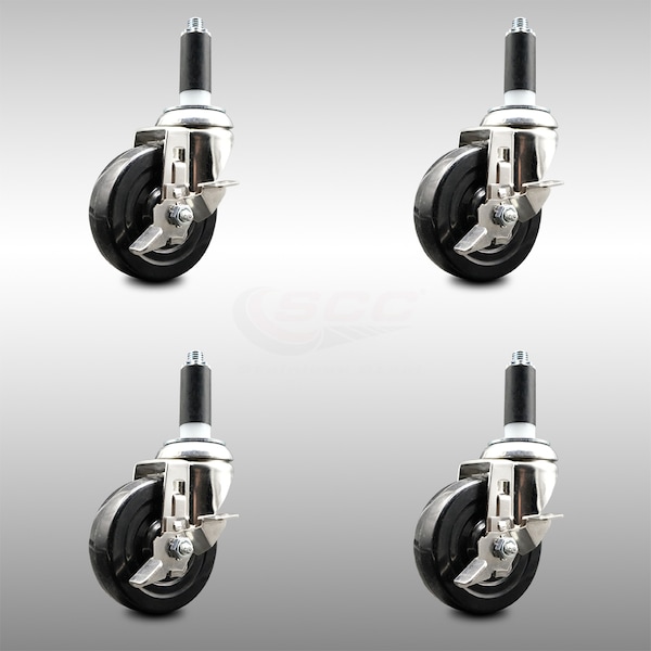 4 Inch 316SS Hard Rubber Swivel 1 Inch Expanding Stem Caster Set Brake SCC